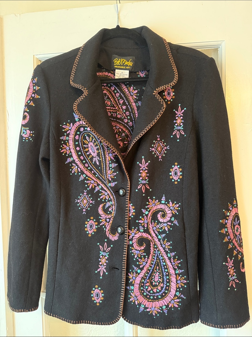 Bob Mackie Black Wool Paisley Embroidered Blazer